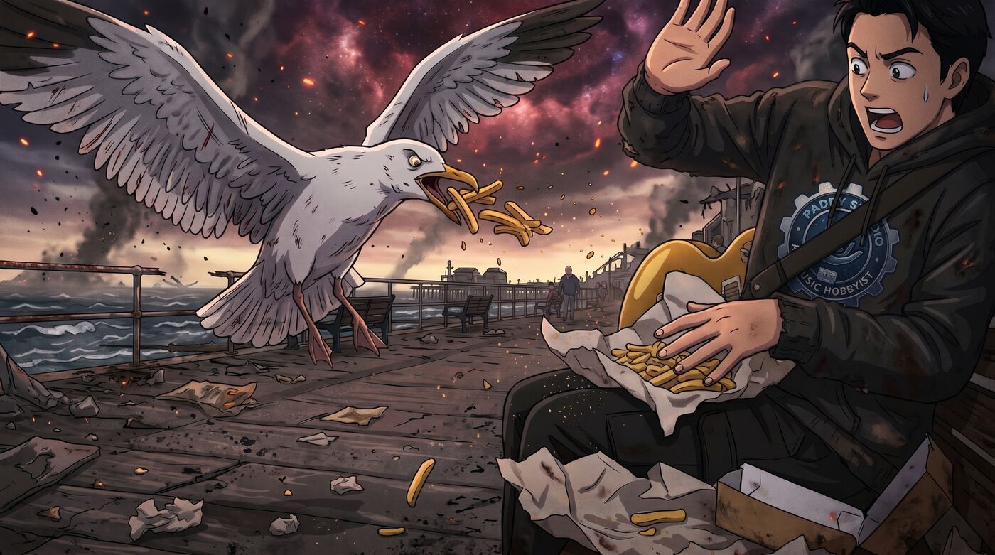 Illustration of Paddy on a seaside pier bench in a Paddy Studio hoodie with his gold guitar, shielding a paper of fish and chips as a seagull swoops in and flies off with a beakful of chips